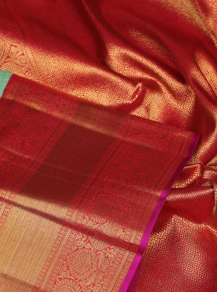 Pure kanchipuram silk saree teal green and red with allover zari woven brocade weaves and long rich zari woven korvai border