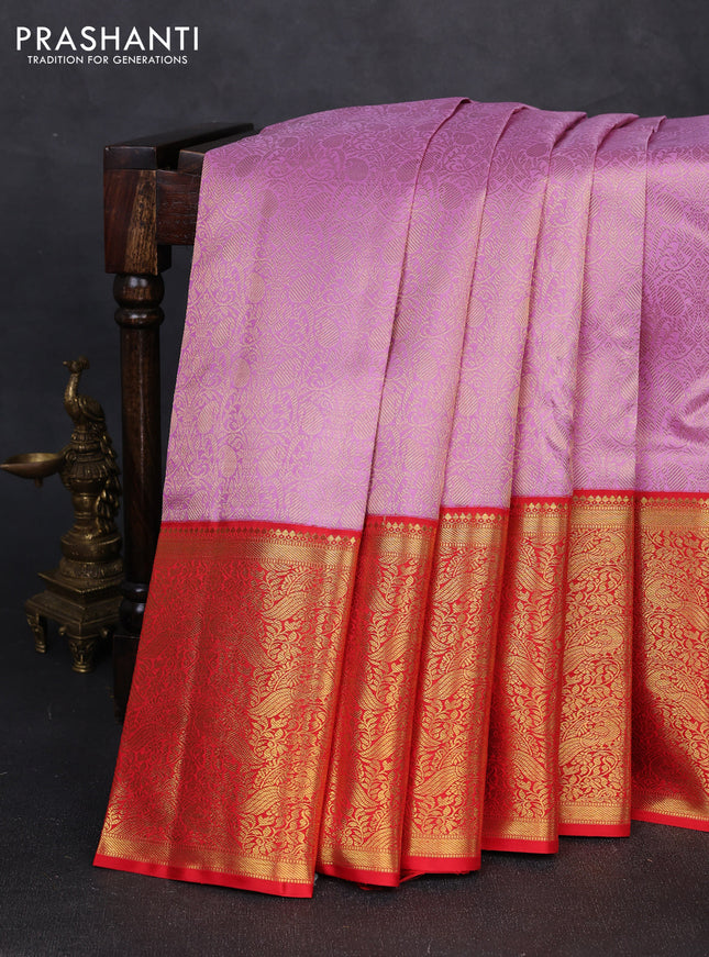 Pure kanchipuram silk saree lavender and red with allover zari woven brocade weaves and long rich zari woven korvai border