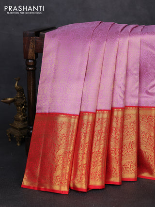 Pure kanchipuram silk saree lavender and red with allover zari woven brocade weaves and long rich zari woven korvai border