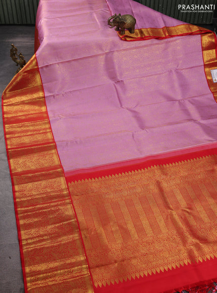 Pure kanchipuram silk saree lavender and red with allover zari woven brocade weaves and long rich zari woven korvai border