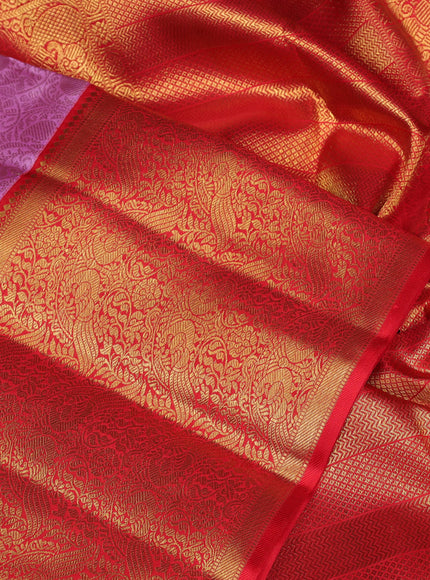 Pure kanchipuram silk saree lavender and red with allover zari woven brocade weaves and long rich zari woven korvai border