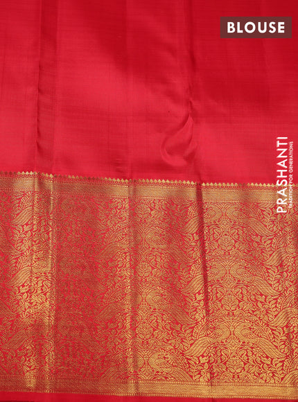 Pure kanchipuram silk saree lavender and red with allover zari woven brocade weaves and long rich zari woven korvai border