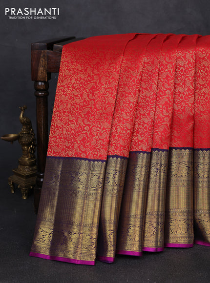 Pure kanchipuram silk saree red and violet with allover zari woven brocade weaves and long rich zari woven korvai border