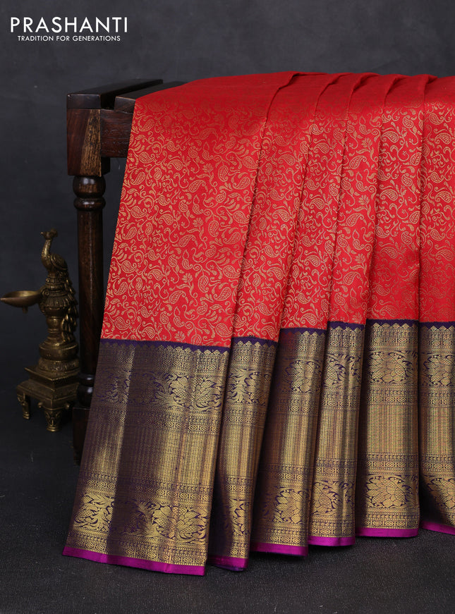 Pure kanchipuram silk saree red and violet with allover zari woven brocade weaves and long rich zari woven korvai border