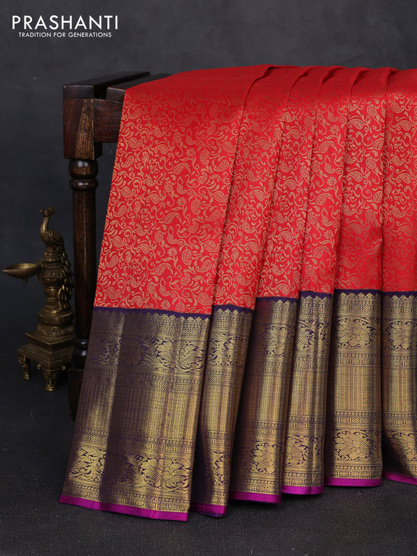 Pure kanchipuram silk saree red and violet with allover zari woven brocade weaves and long rich zari woven korvai border