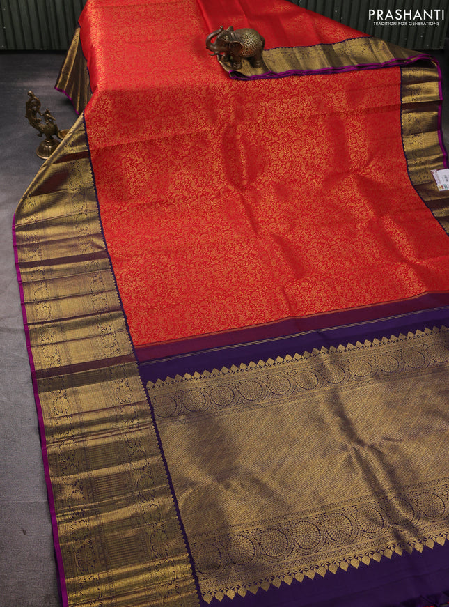 Pure kanchipuram silk saree red and violet with allover zari woven brocade weaves and long rich zari woven korvai border