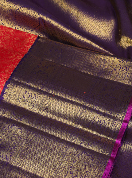 Pure kanchipuram silk saree red and violet with allover zari woven brocade weaves and long rich zari woven korvai border