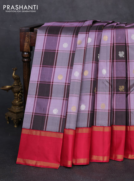 Pure kanchipuram silk saree pastel purple coffee brown and reddish pink with allover paalum pazhamum checks & zari buttas and rettapet zari woven border