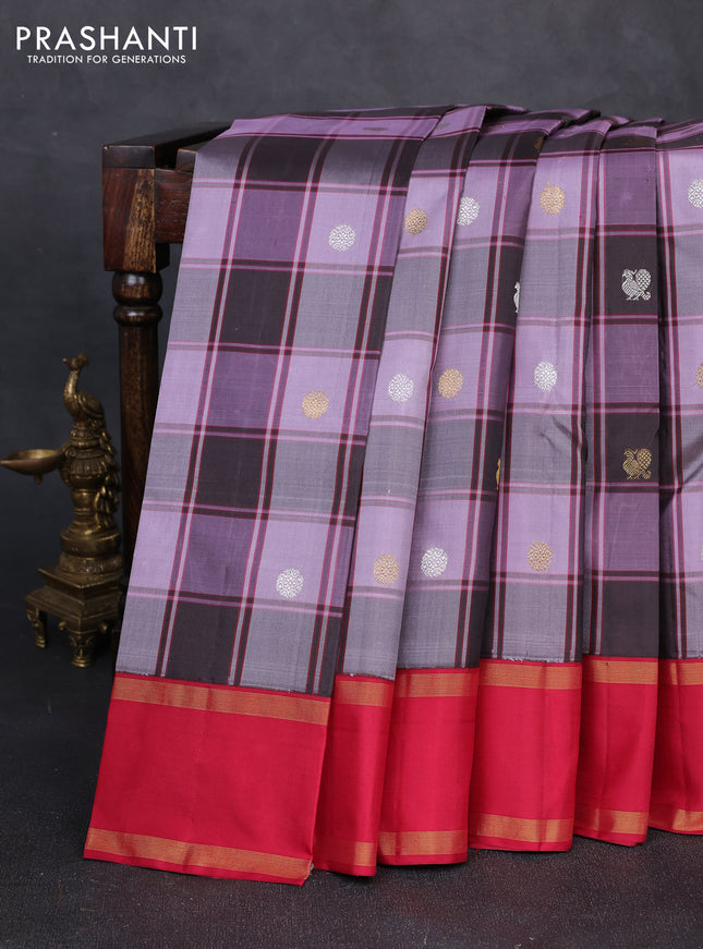 Pure kanchipuram silk saree pastel purple coffee brown and reddish pink with allover paalum pazhamum checks & zari buttas and rettapet zari woven border
