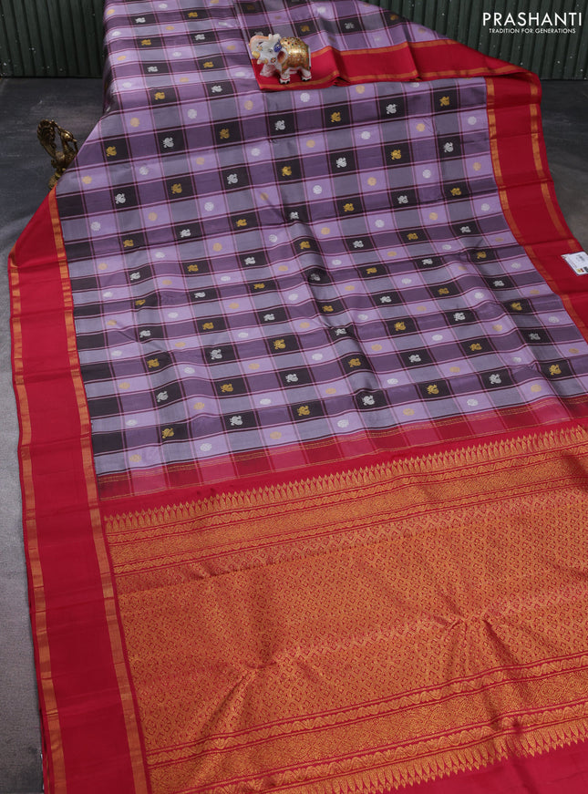 Pure kanchipuram silk saree pastel purple coffee brown and reddish pink with allover paalum pazhamum checks & zari buttas and rettapet zari woven border
