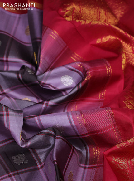 Pure kanchipuram silk saree pastel purple coffee brown and reddish pink with allover paalum pazhamum checks & zari buttas and rettapet zari woven border