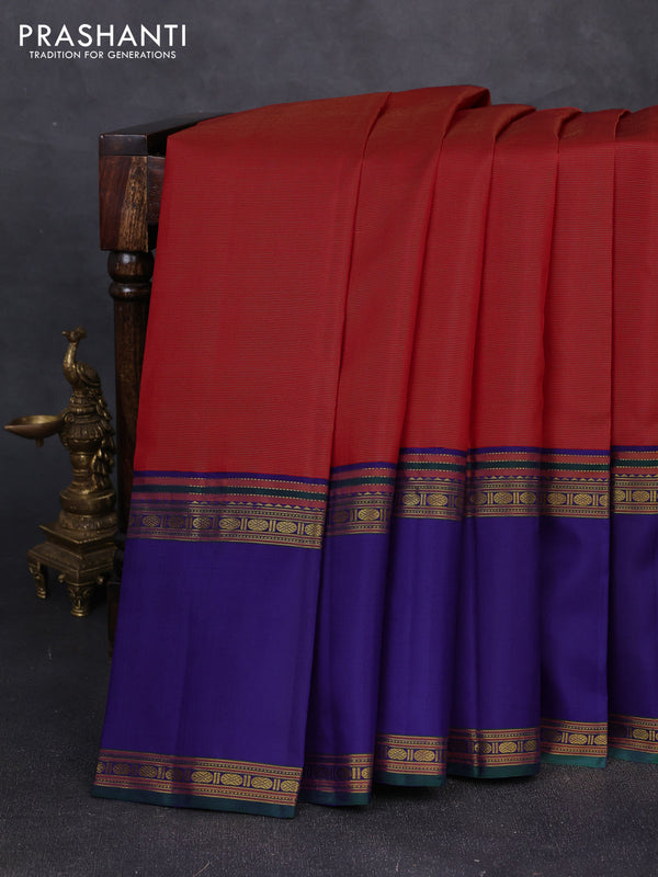 Pure kanchipuram silk saree red and blue with allover vairaosi pattern and long rettapet zari woven border
