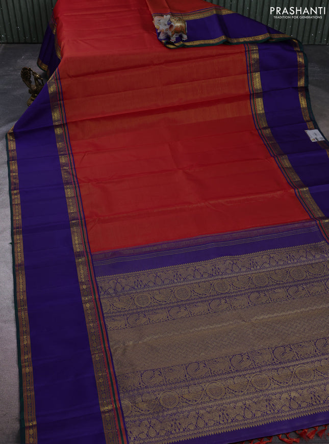 Pure kanchipuram silk saree red and blue with allover vairaosi pattern and long rettapet zari woven border