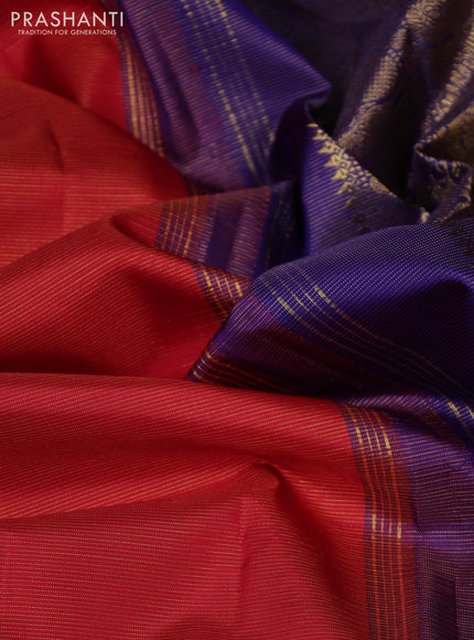 Pure kanchipuram silk saree red and blue with allover vairaosi pattern and long rettapet zari woven border