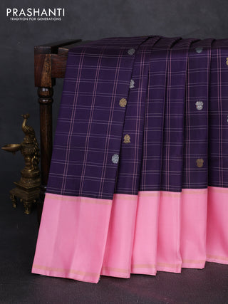 Pure kanchipuram silk saree jamun shade and light pink with allover checks & zari buttas and long rettapet zari woven border