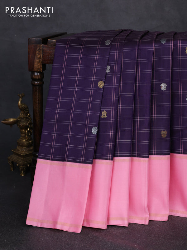 Pure kanchipuram silk saree jamun shade and light pink with allover checks & zari buttas and long rettapet zari woven border
