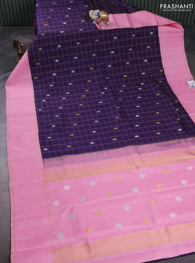 Pure kanchipuram silk saree jamun shade and light pink with allover checks & zari buttas and long rettapet zari woven border