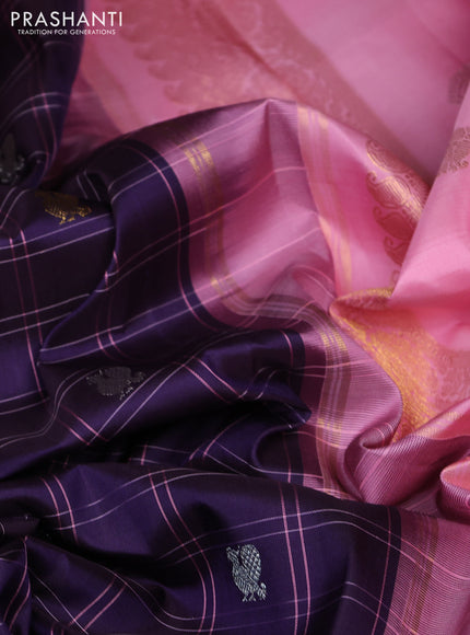 Pure kanchipuram silk saree jamun shade and light pink with allover checks & zari buttas and long rettapet zari woven border