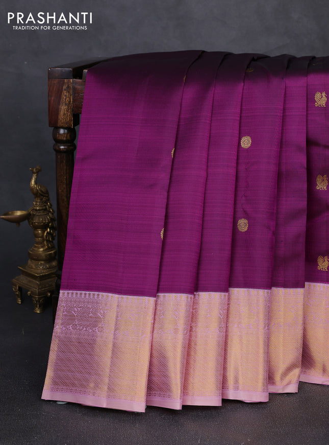 Pure kanchipuram silk saree purple and light pink with rudhraksha & annam zari woven buttas and rich zari woven border
