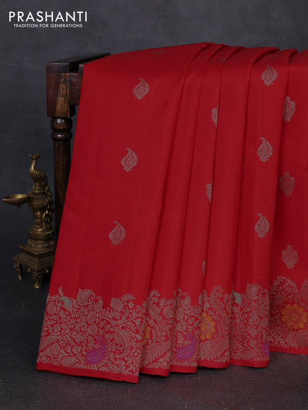 Pure kanchipuram silk saree red with zari woven buttas and zari woven designer border