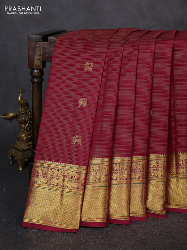 Pure kanchipuram silk saree maroon with allover vairaosi pattern & buttas and rich zari woven border