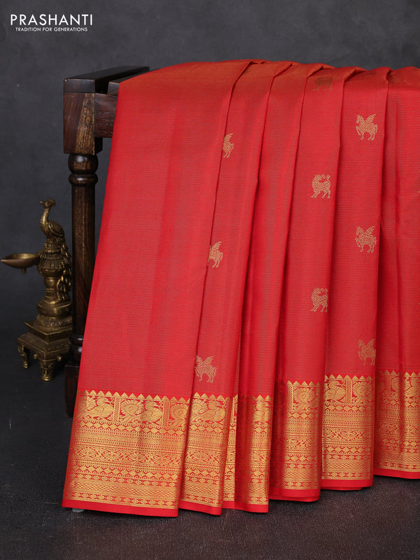 Pure kanchipuram silk saree red with allover vairaosi pattern & buttas and zari woven border