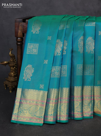 Pure kanchipuram silk saree teal blue with allover vairaosi pattern & buttas and zari woven border