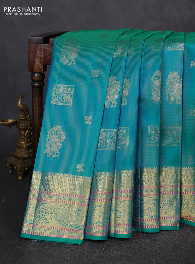 Pure kanchipuram silk saree teal blue with allover vairaosi pattern & buttas and zari woven border