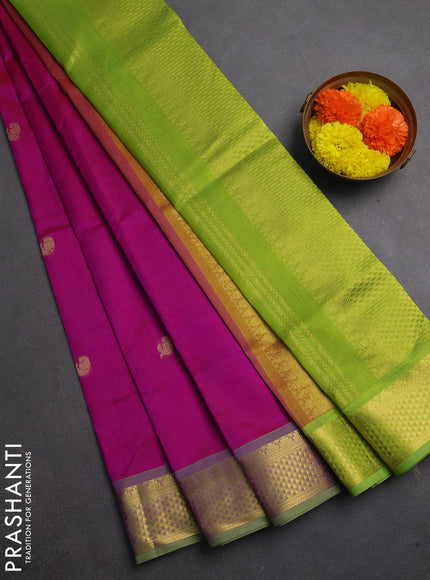 Silk cotton saree dual shade of purple and parrot green with zari woven buttas and zari woven border