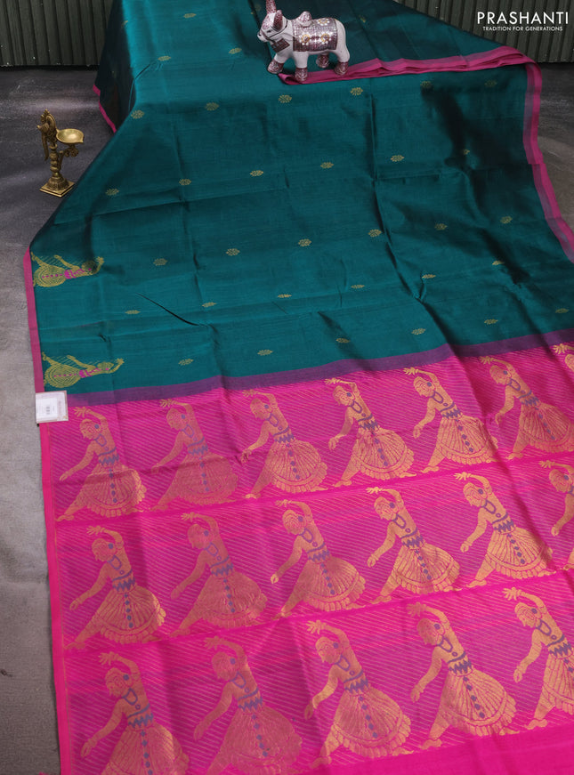 Silk cotton saree green and magenta pink with zari woven buttas and zari woven butta border