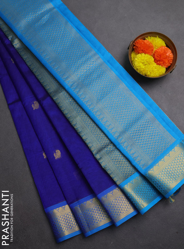 Silk cotton saree blue and cs blue with zari woven buttas and zari woven border