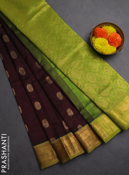 Silk cotton saree coffee brown and light green with allover zari woven buttas and zari woven border