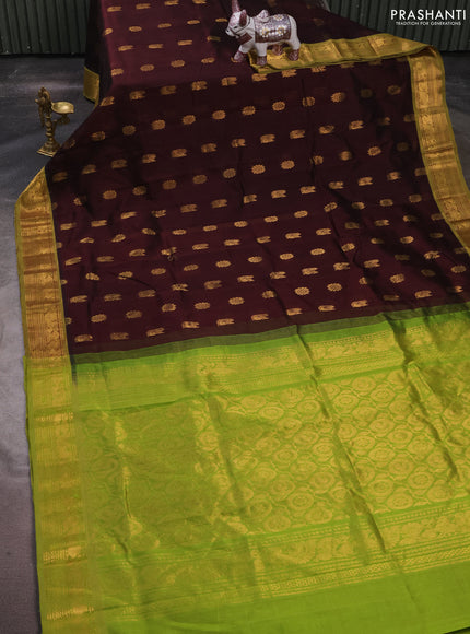 Silk cotton saree coffee brown and light green with allover zari woven buttas and zari woven border