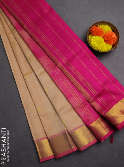 Silk cotton saree sandal and pink with zari woven temple buttas and zari woven border