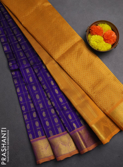 Silk cotton saree blue and mustard yellow with allover zari checks & buttas and zari woven border