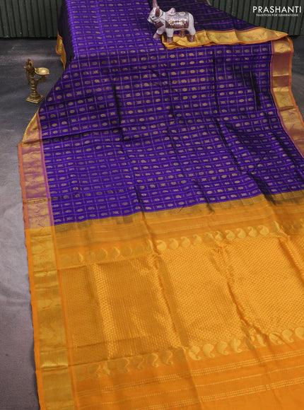Silk cotton saree blue and mustard yellow with allover zari checks & buttas and zari woven border