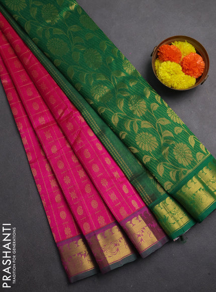 Silk cotton saree pink and green with allover zari checks & buttas and zari woven border