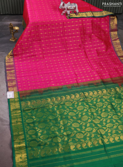 Silk cotton saree pink and green with allover zari checks & buttas and zari woven border