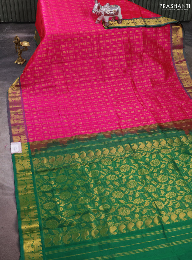 Silk cotton saree pink and green with allover zari checks & buttas and zari woven border