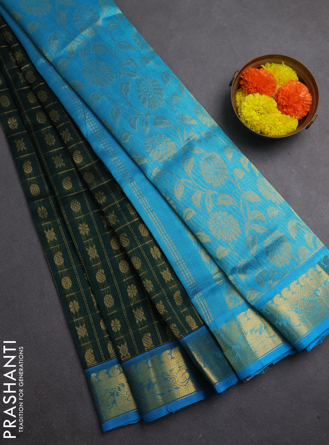 Silk cotton saree bottle green and cs blue with allover zari checks & buttas and zari woven border