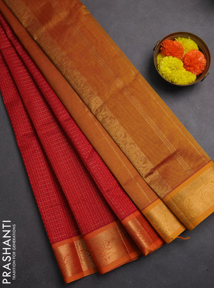 Silk cotton saree red and dark mustard with allover lakshadeepam pattern and zari woven border