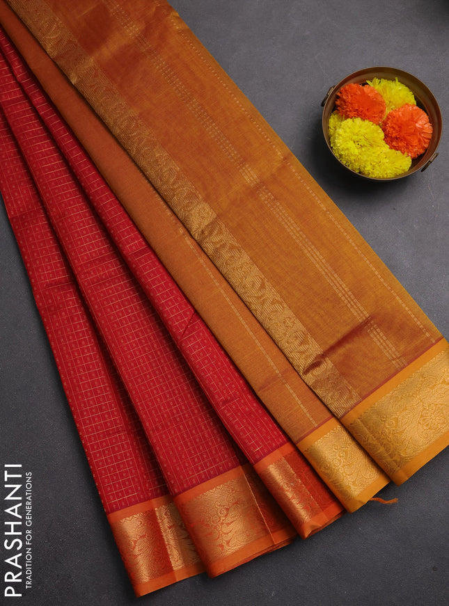 Silk cotton saree red and dark mustard with allover lakshadeepam pattern and zari woven border