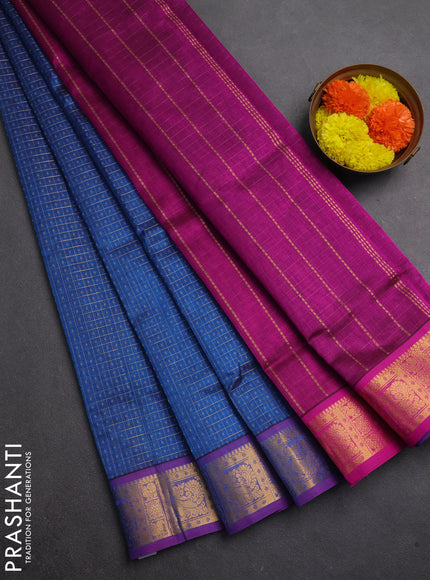 Silk cotton saree cs blue and magenta pink with allover lakshadeepam pattern and zari woven border