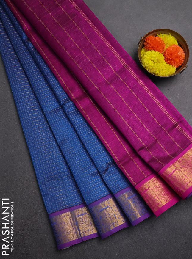 Silk cotton saree cs blue and magenta pink with allover lakshadeepam pattern and zari woven border