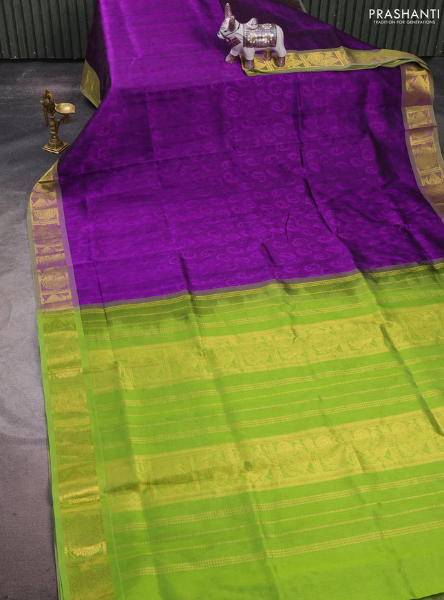 Silk cotton saree purple and light green with allover self emboss jacquard and annam zari woven border