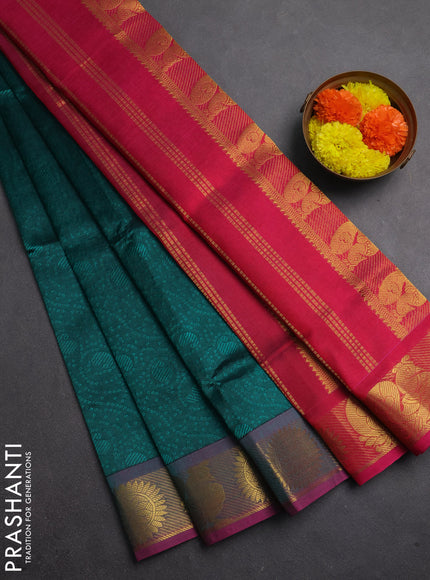 Silk cotton saree peacock green and pink with allover self emboss jacquard and zari woven border