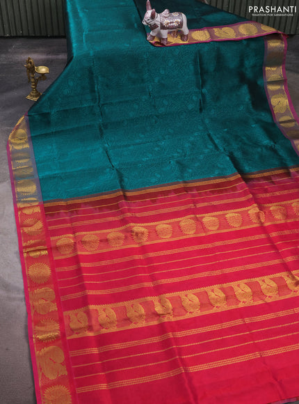 Silk cotton saree peacock green and pink with allover self emboss jacquard and zari woven border