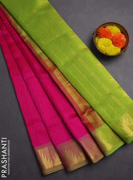 Silk cotton saree pink and light green with allover self emboss jacquard and temple zari woven border