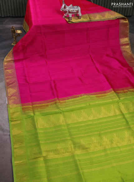 Silk cotton saree pink and light green with allover self emboss jacquard and temple zari woven border