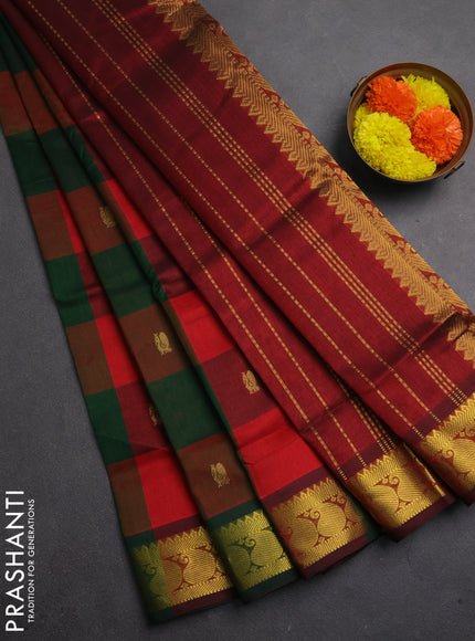 Silk cotton saree red bottle green and maroon with allover paalum pazhamum checks & zari buttas and paisley zari woven border